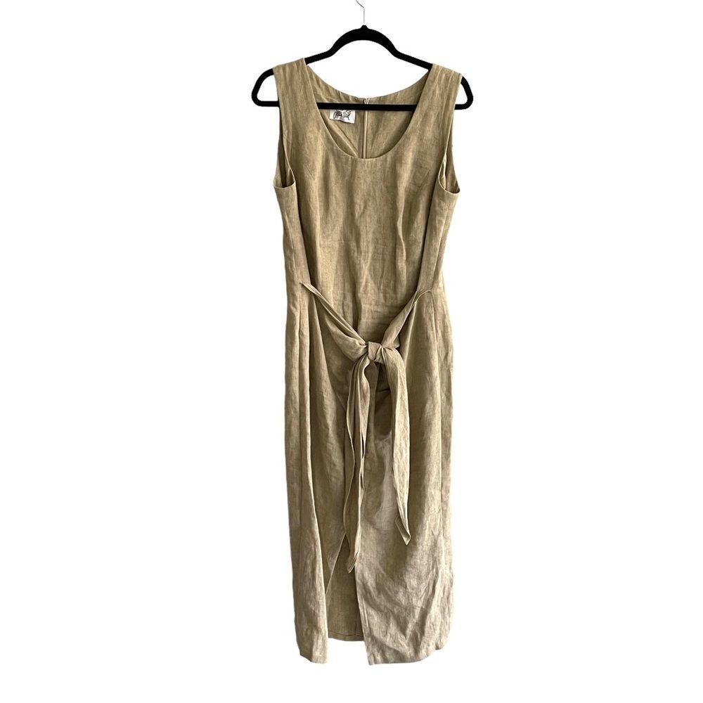 JEAN PAUL Linen Sleeveless Midi Maxi Dress Faux Wrap Tie Waist Tan S